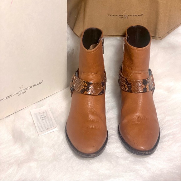 Golden Goose Bretagne Brown Leather Snakeskin Ankle Boots ~Western Moto Boots GG - Picture 13 of 16